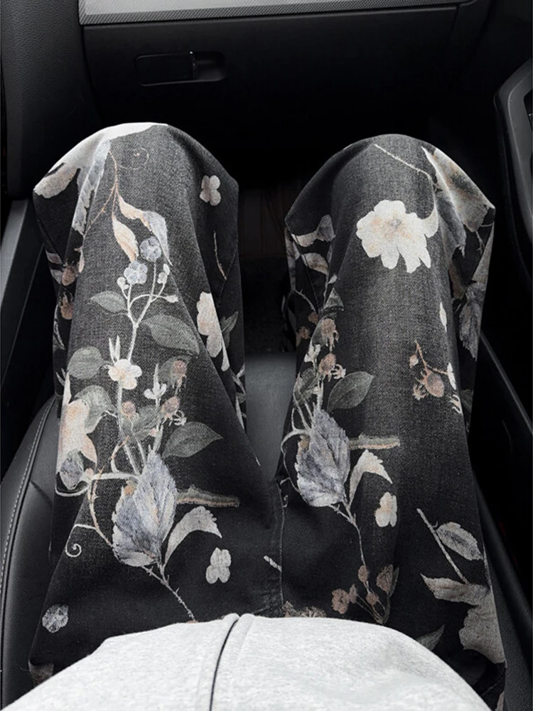 

Street Sle Hiphop Floral Print Straight Leg Jeans Men's Trendy High Waist Distred Denim Casual Straight Loose Fit Jeans