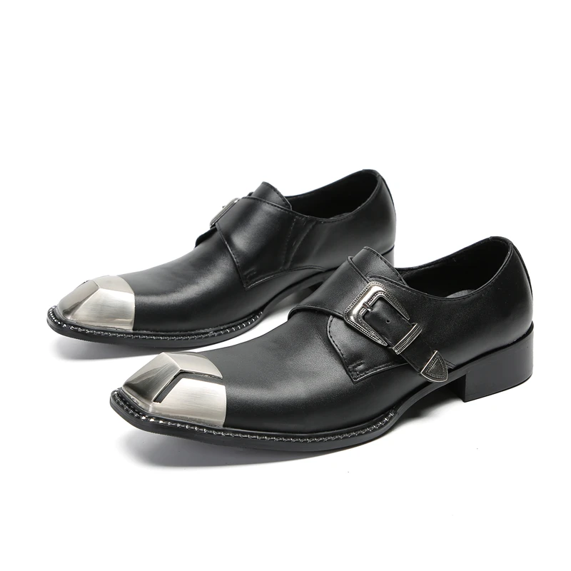 Italian High Quality Men Black Genuine Leather Shoes Metal Square Toe Buckle Strap Mens Office Career Party Oxford sapato social