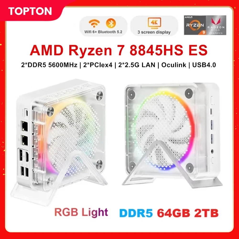 

Topton RGB Gaming Mini PC D7 AMD Ryzen 7 8845HS ES Oculink 2*2.5G LAN 2*PCIe 2*DDR5 USB4 Windows 11 Desktop Mini Computer WiFi6