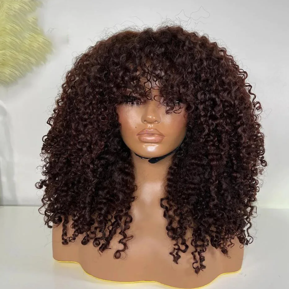 Soft 26” Long  180Density Natural Brown Kinky Curly SyntheticMachine With Bangs Wig For Black Women Baby Hair Preplucked Daily