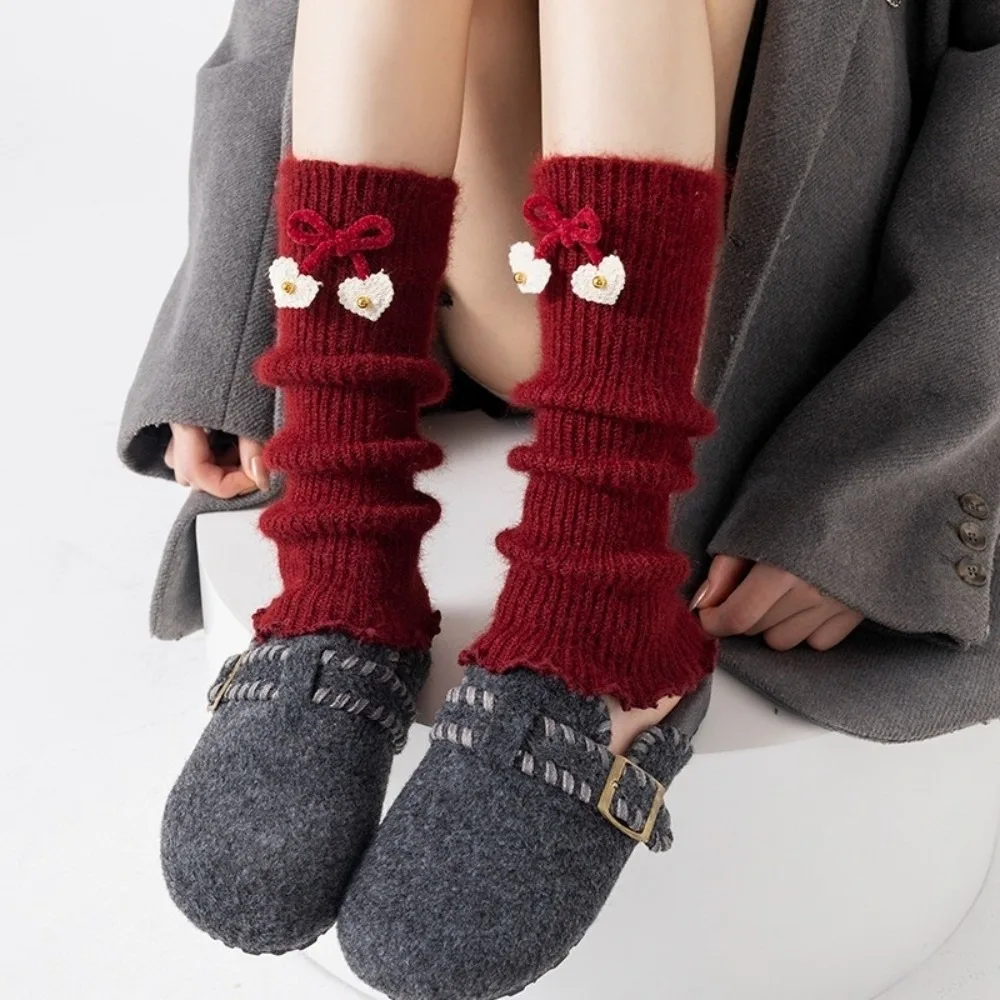 

New Red Color Leg Warmers Thickened Bow Mid-Calf Sock Knitted Lolita Middle Tube Socks Women Girls