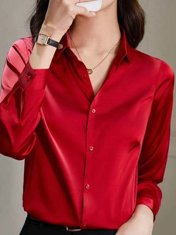 

Новая женская блузка из имитации шелка и атласа на весну-лето, с длинным рукавом, воротником, тонкая, из полиэфирного волокна