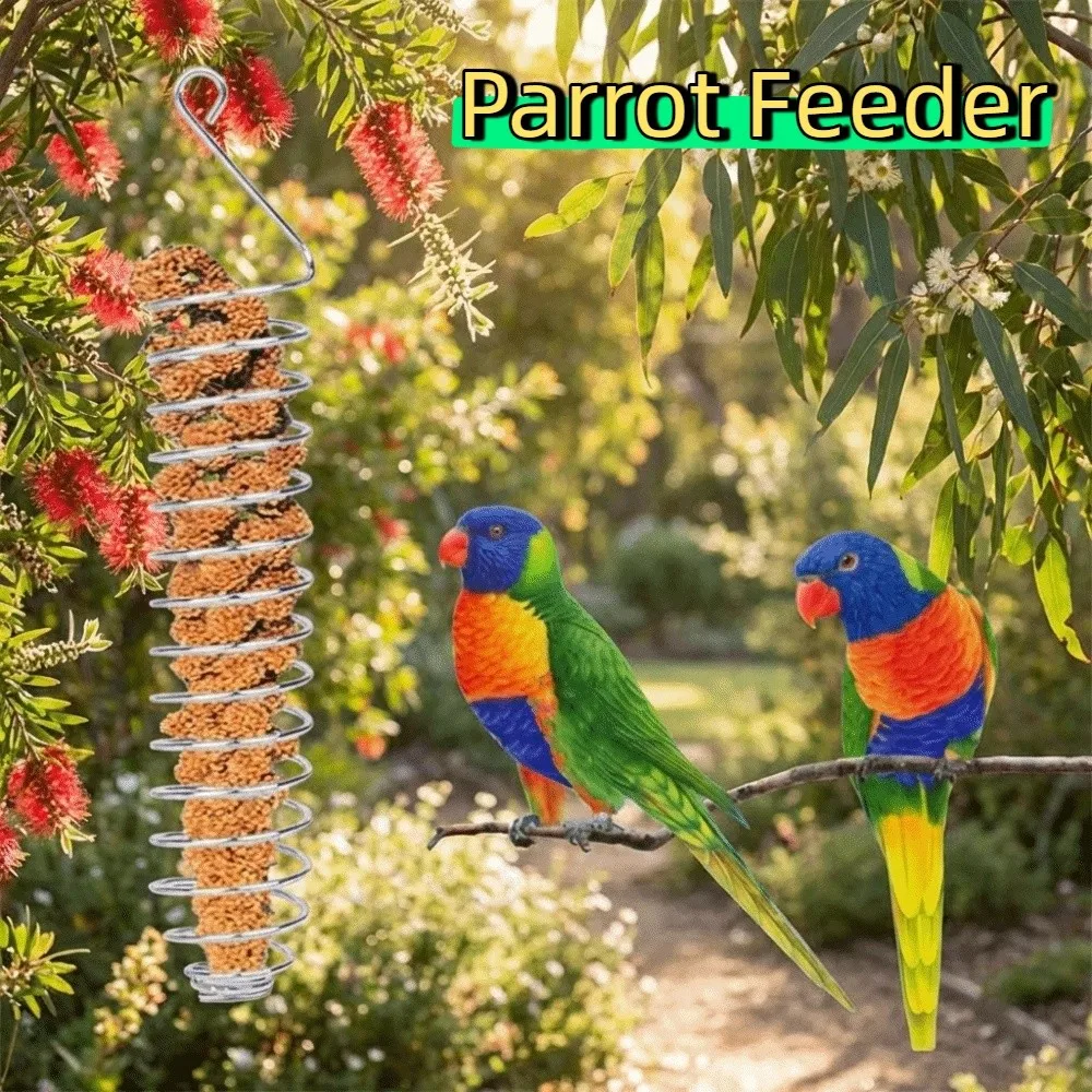 Durable Stainless Steel Bird Feeding Rack Bite Resistant Portable Parrot Foraging Toy Spiral Feeding Hanging Basket Wildlife