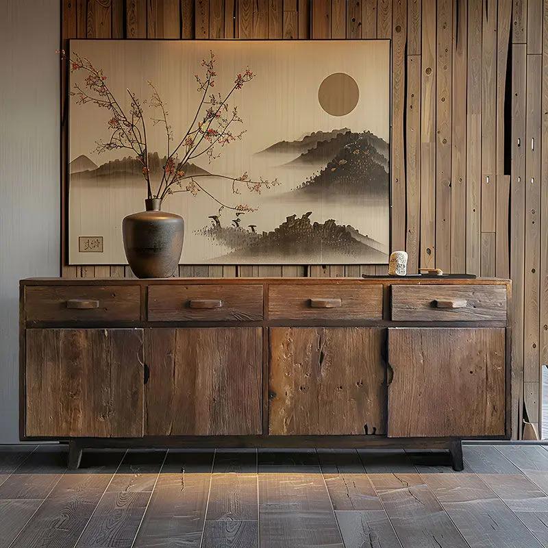 Wabi Sandy Wind Solid Wood Dining Side Cabinet Old Elm Door Panel Storage Retro Decoration Entrance Cabinet Homestay