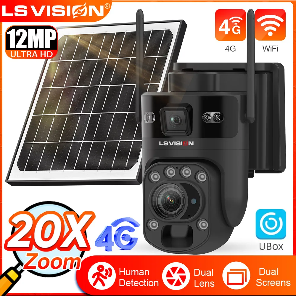 

LS VISION 20X Zoom 4G Solar Camera Dual Screens Dual Lens 12MP WiFi Surveillance Cameras PTZ PIR Detection Auto Tracking Ubox