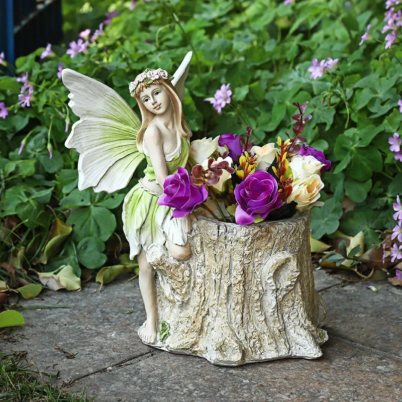 

American horticultural decoration girl fairy sculpture fleshy plant flowerpot Ornaments Fairy resin Statue Home Decoration gifts