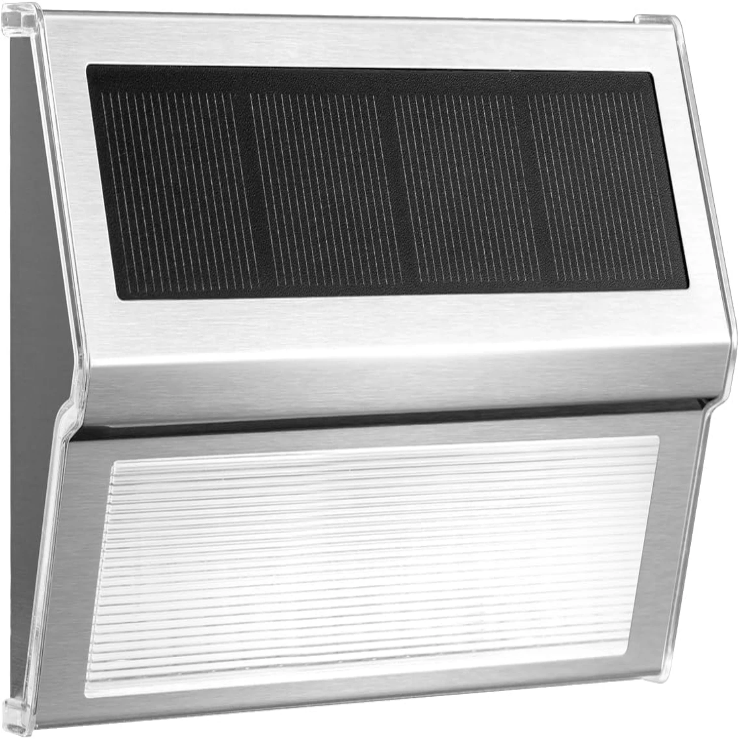 Energy-efficient, stylish solar LED outdoor lighting lamp in stainless steel for stair step, fence, and wall. Durable and eco-fr