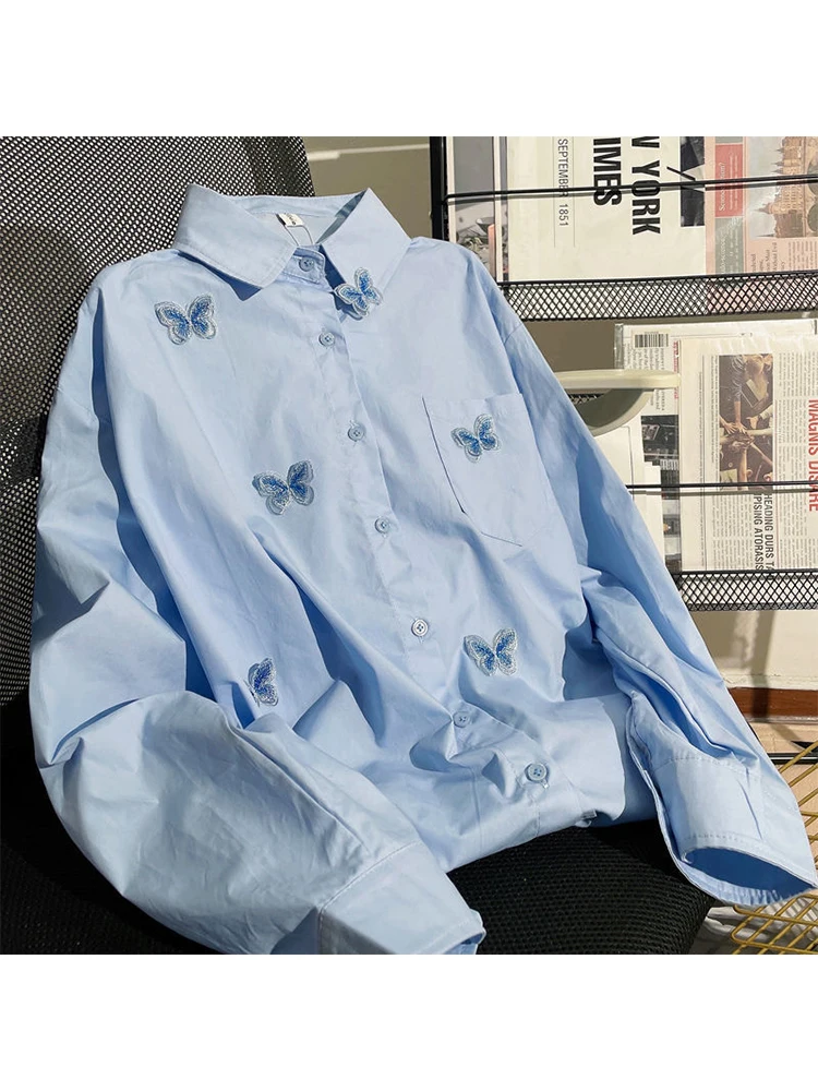 2023 Spring Blue Butterfly Decal Single Breasted Loose Shirt Women\'s Turn-Down Collar Embroidery Long Sleeve Blouse Female