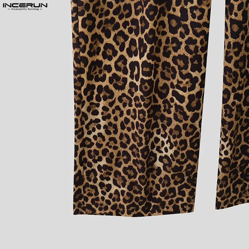 INCERUN Men Jumpsuits Leopard Print Lace Patchwork Lapel Long Sleeve Overalls Men Streetwear Loose Fashion Casual Male Rompers