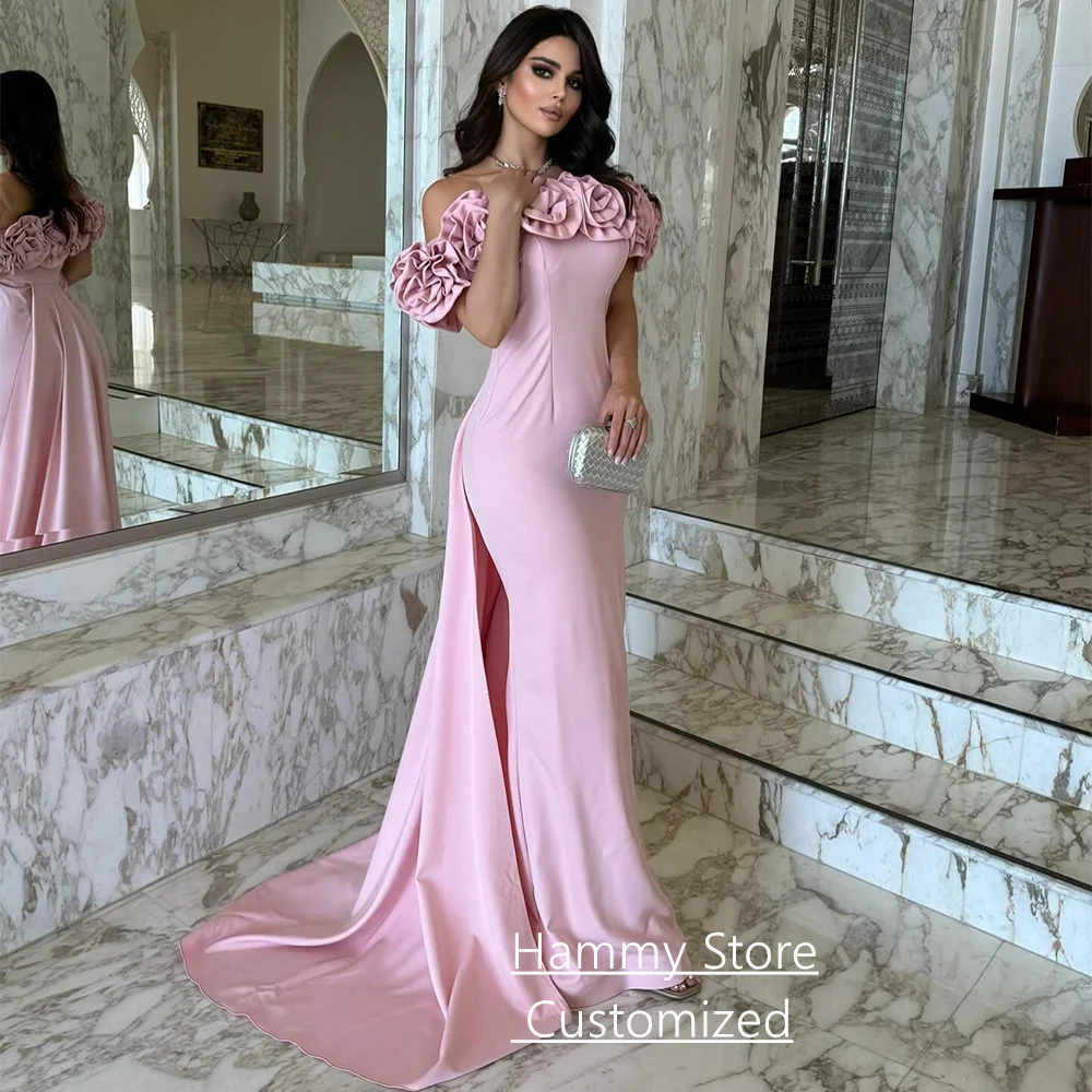 

Saudi Arabic Prom Dress with Train Customized Off The Shoulder Strapless Flowers Sweep Train Arabian Evening Gown Party Dresses