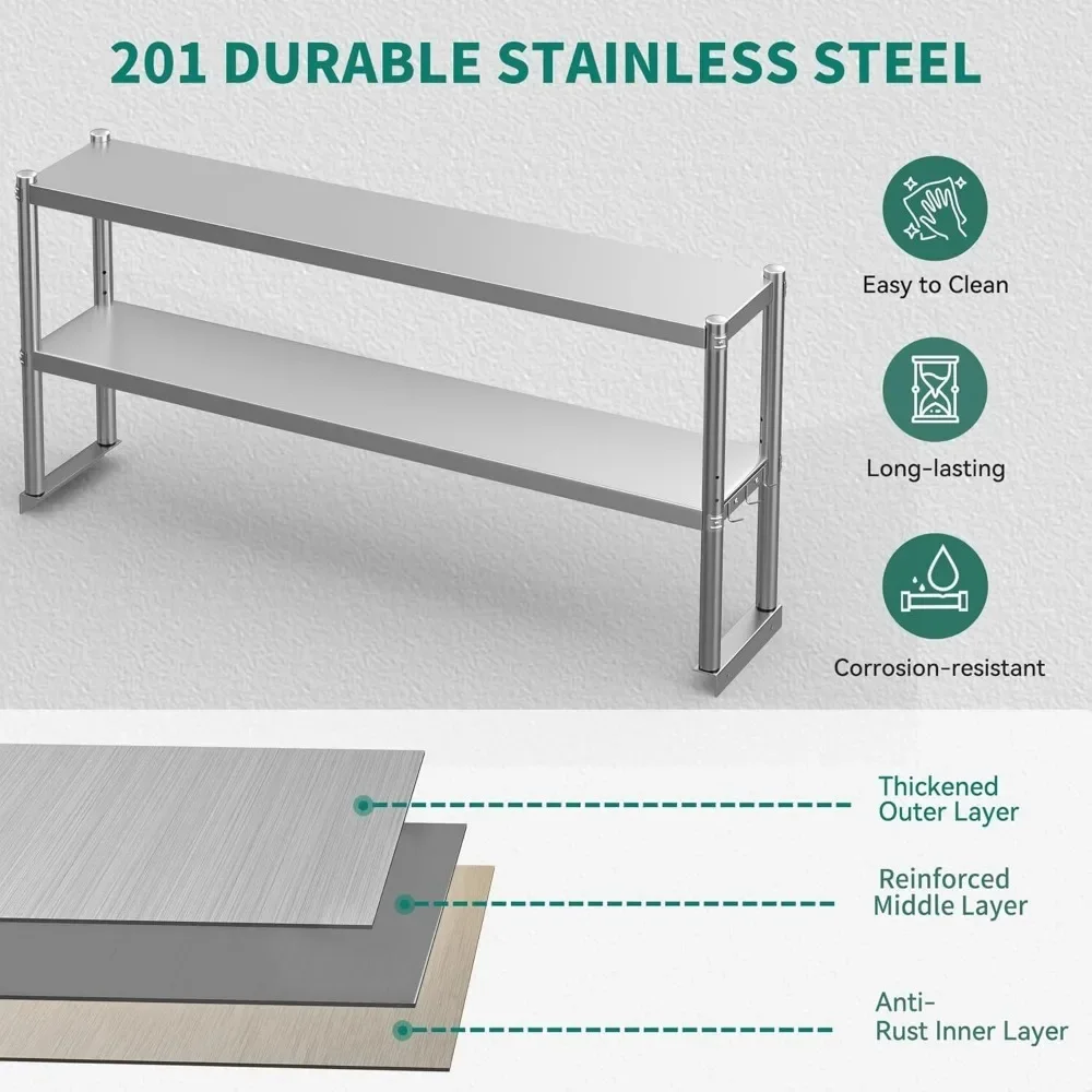 Edelstahl-Überscheibe, 2-stufiger Überscheibe mit Haken, verstellbarer kommerzieller Doppel-Überscheibe für Küchenzubereitungstisch, Restaurant
