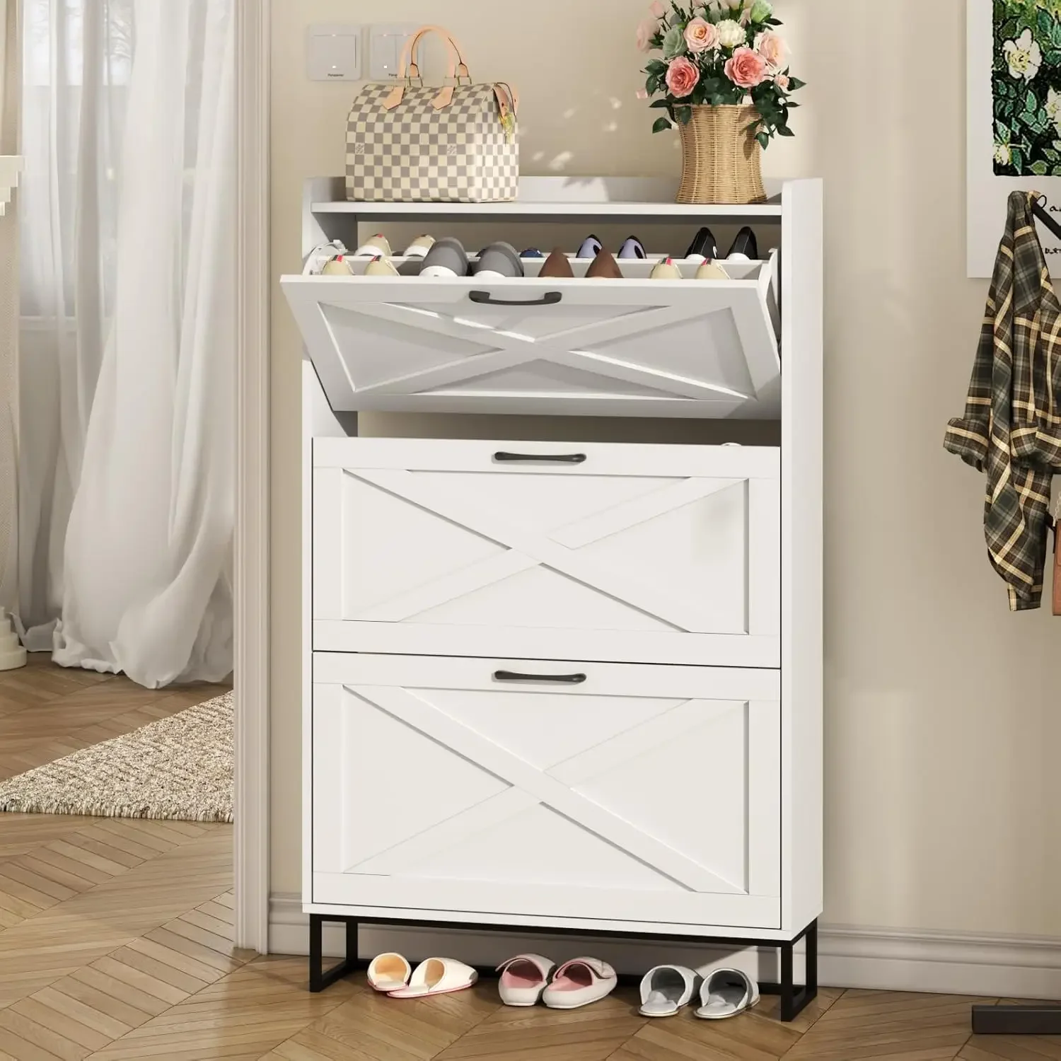 Shoe Storage Cabinet with 3 Flip Drawers, Freestanding Organizer with Metal Legs