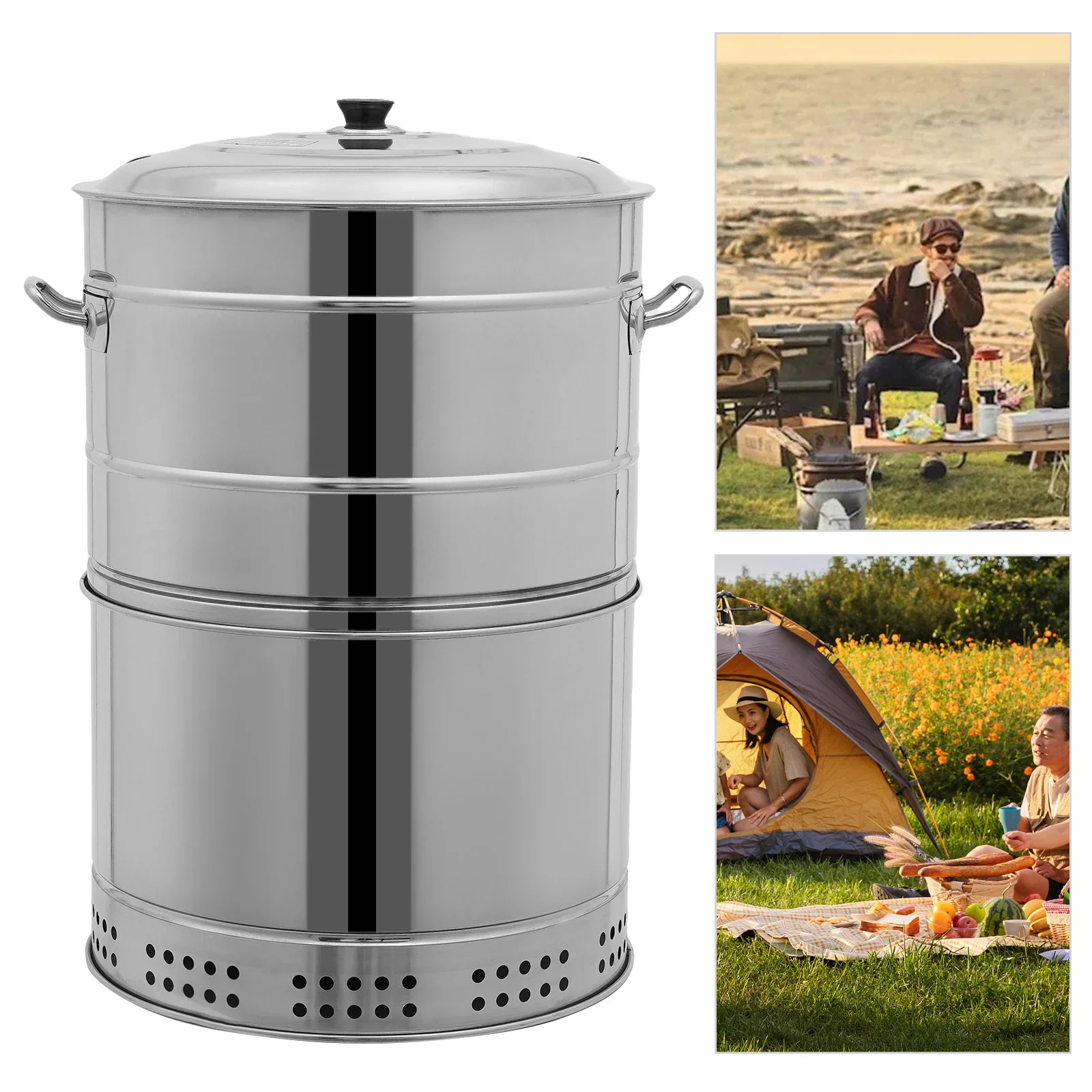 

Stainless Steel Surround Charcoal Kebab Grill,Portable Smokeless Barbecue Barrel with 50 Skewers,for Picnics,Camping,Traveling