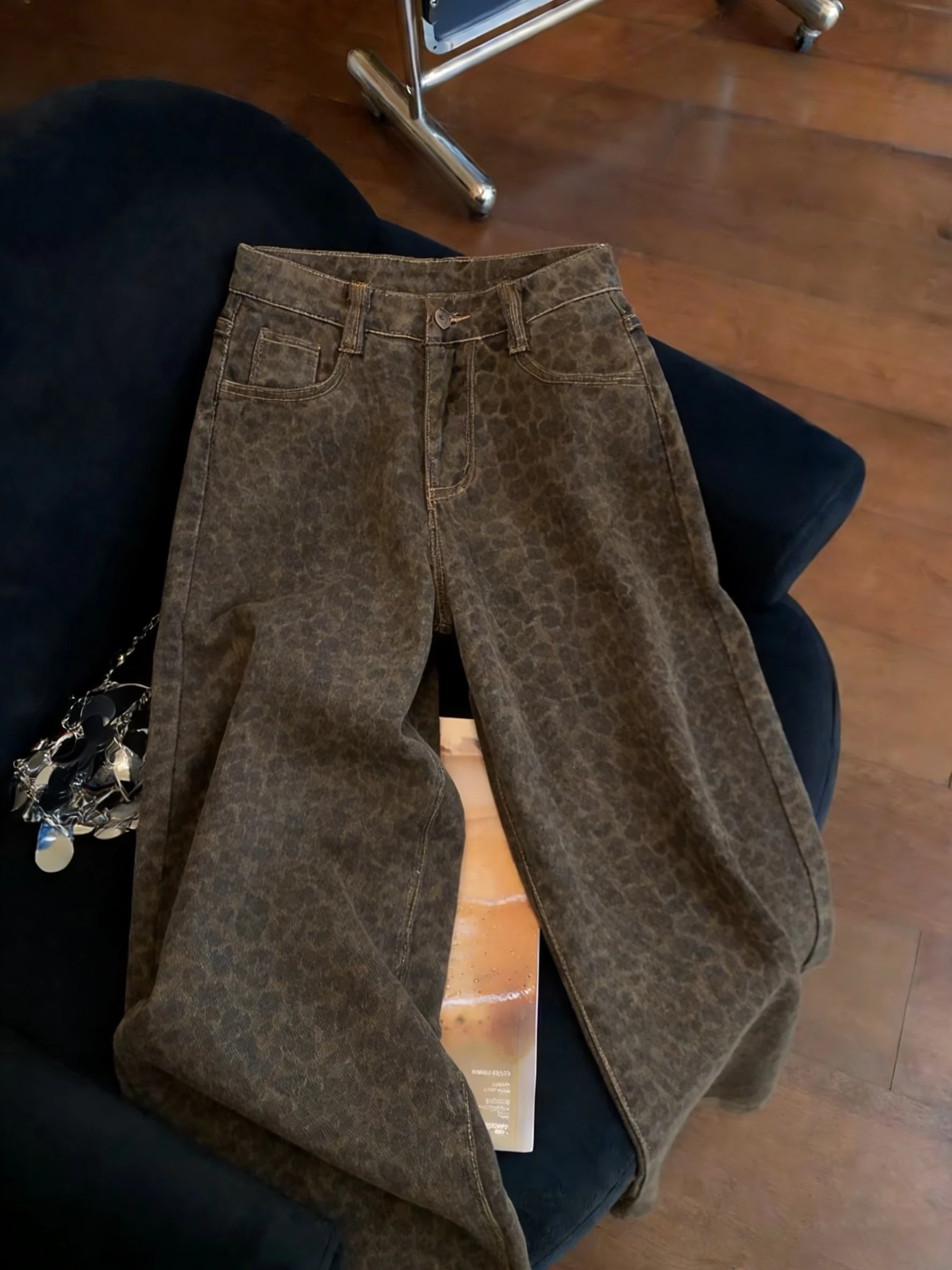 

Ретро джинсы с высокой талией и леопардовым принтом, прямые, свободные, широкие, длинные брюки для женщин, весна-осень, маленькие размеры, универсальные, повседневные