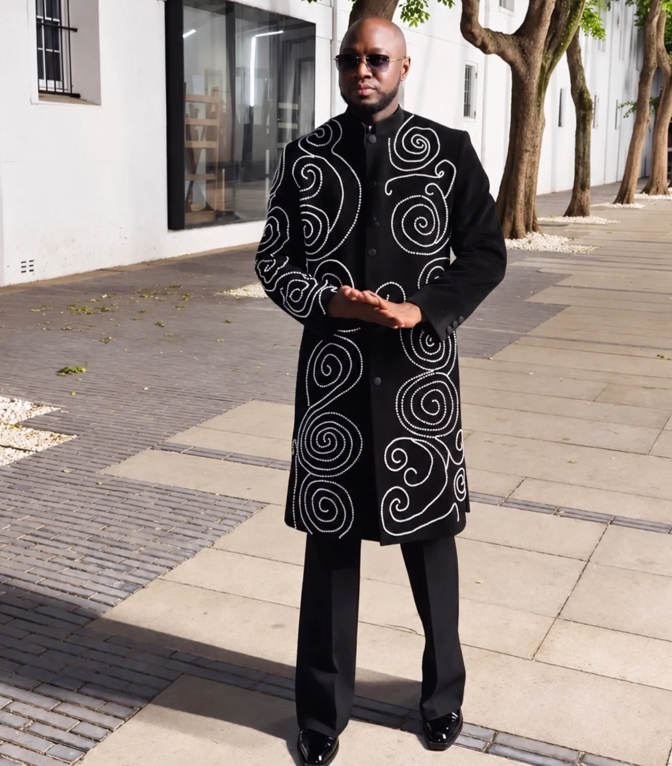 Men Embroidered Long Coat White Swirl Pattern Stand Collar Single Breasted Slim Fit Luxury Wedding Groom Only Blazer Customized