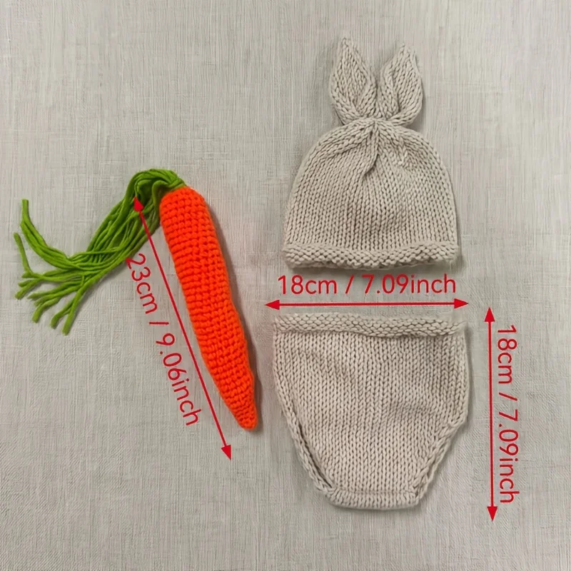 3Piece Newborn Knitted Photo Outfit Beige Cartoon Rabbit Jumpsuit Shorts Carrot Hat and Prop Soft Infant PhotographyProps Unisex