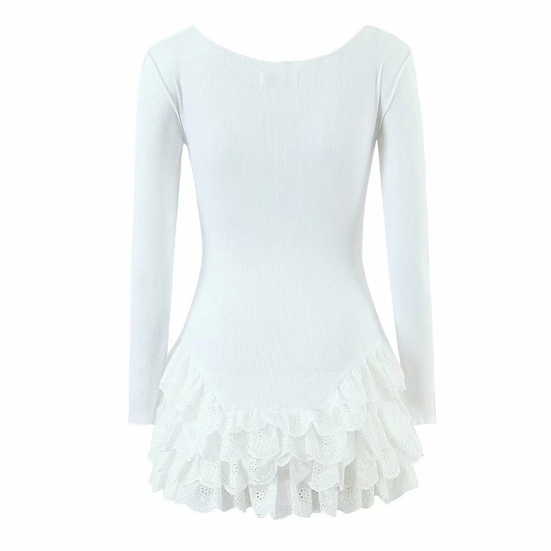 YENKYE 新しい女性フィットスリムホワイトニットミニドレス長袖 O ネックレーススプライシングレイヤードフリル T シャツドレス 2025 セクシーなローブ