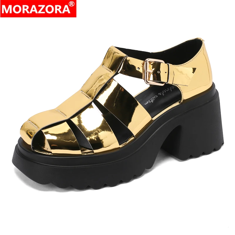 

MORAZORA 2024 New Patent leather Platform Sandals Women Buckle Chunky High Heels Fashion Platform Summer Shoes Casual Footwear