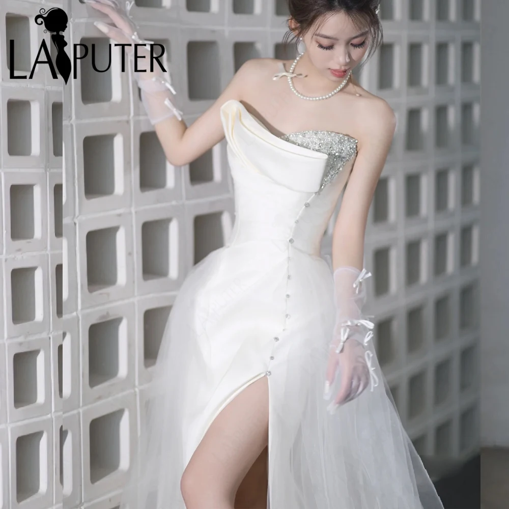 Ivory Knight Wedding Dresses Unique Cut Neck Off Shoulder Crystal Bead Bridal Dress Ruched Open Split Buttons Satin Bride Gown
