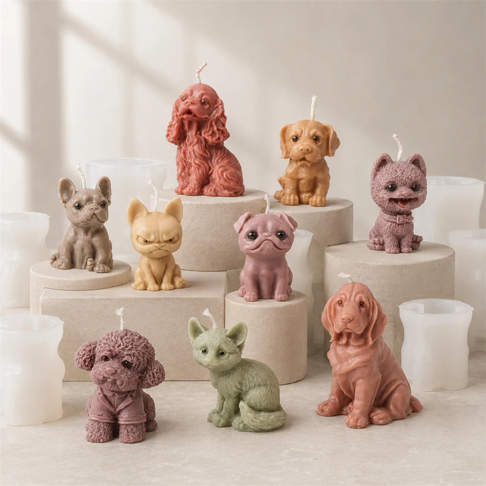 3D Mini Dog Silicone Candle Mold Cute Poodle Cat Puppy Pug Candle Molds for DIY Aromatherapy Candle Plaster Soap Making