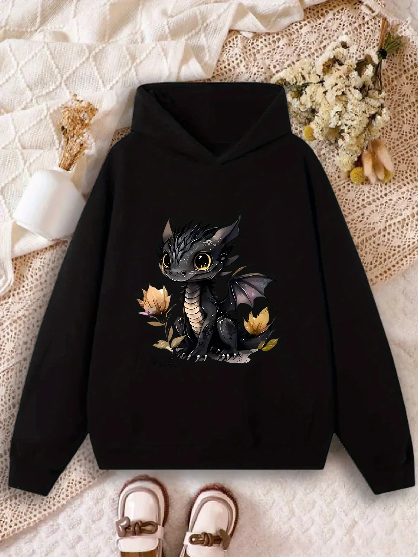 Kawaii Black Dragon Kids Hoodie Mythical Creature Chest‑side Graphic Autumn Winter Fleece Warm Streetwear Hooded Sweatshirt