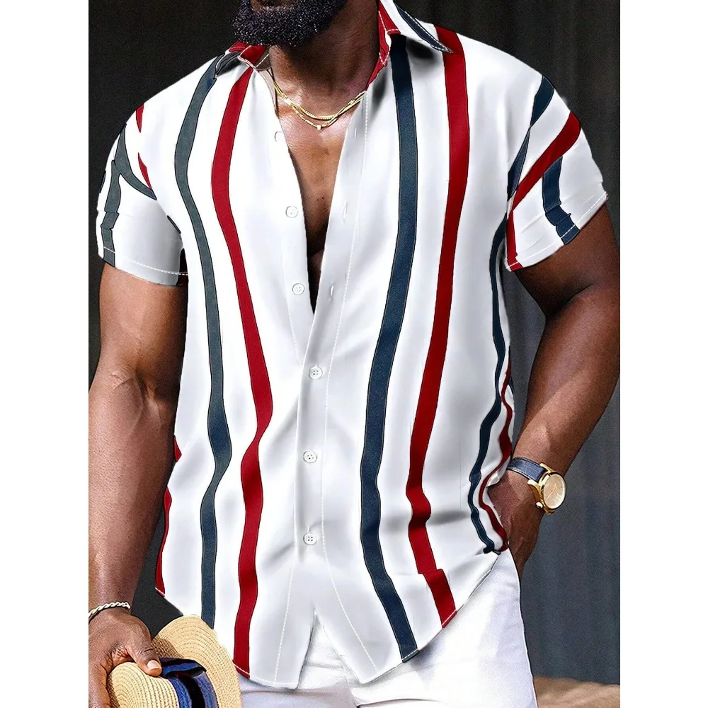 

Men'S Striped Printed Shirt Simple And Fashionable Short Sleeved Button Neck Beachwear Commuting Style Men'S Casual Shirt Top