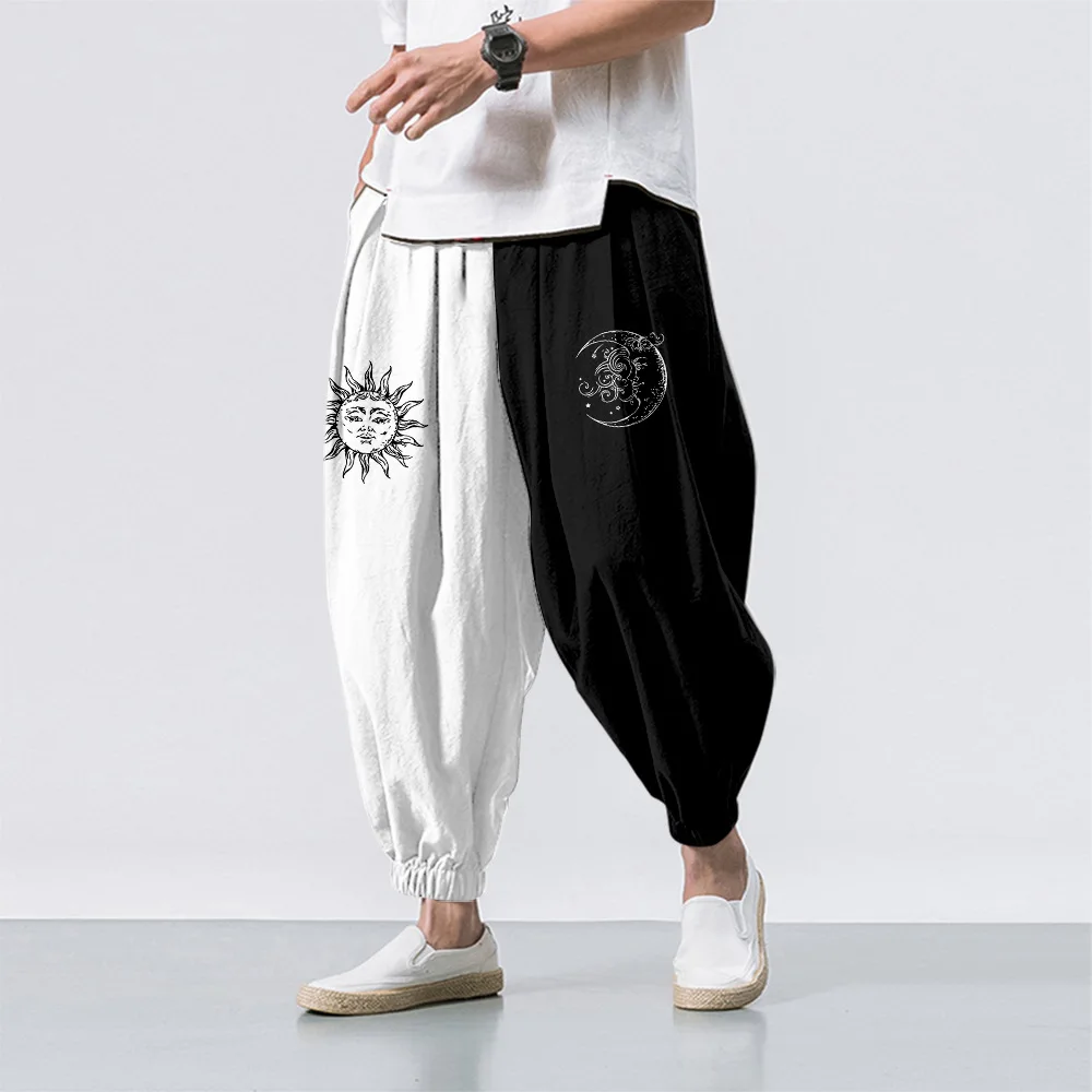 

Black White Sun Moon Splicing Printed Casual Beach Harem Pants Men Hip Hop Nine Points Trousers Jogger Sweatpants