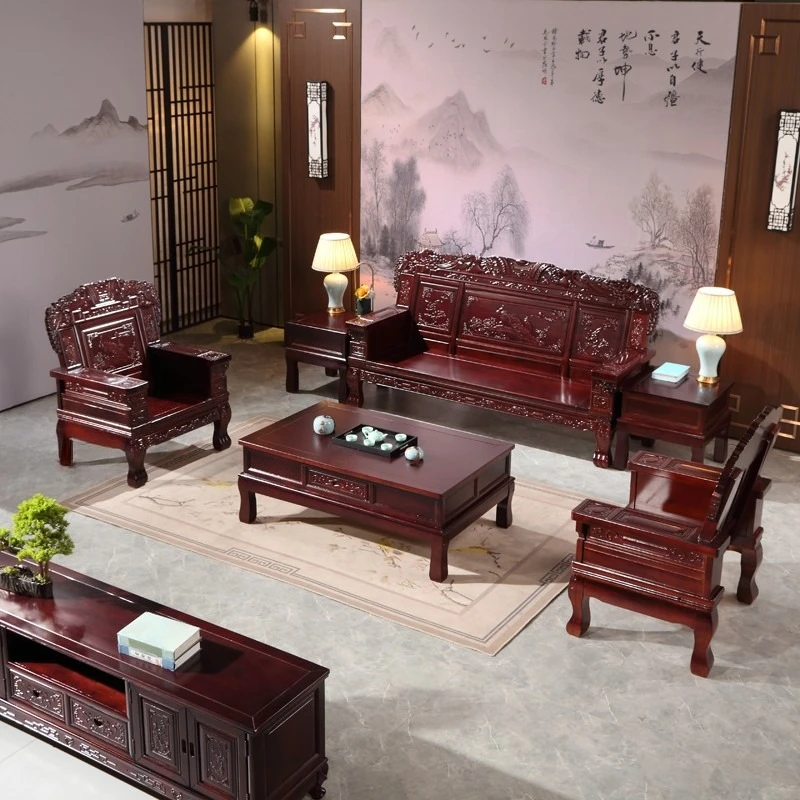 

Antique mahogany all-solid wood sofa coffee table Chinese living room full set of combination carvings Ming and Qing classical