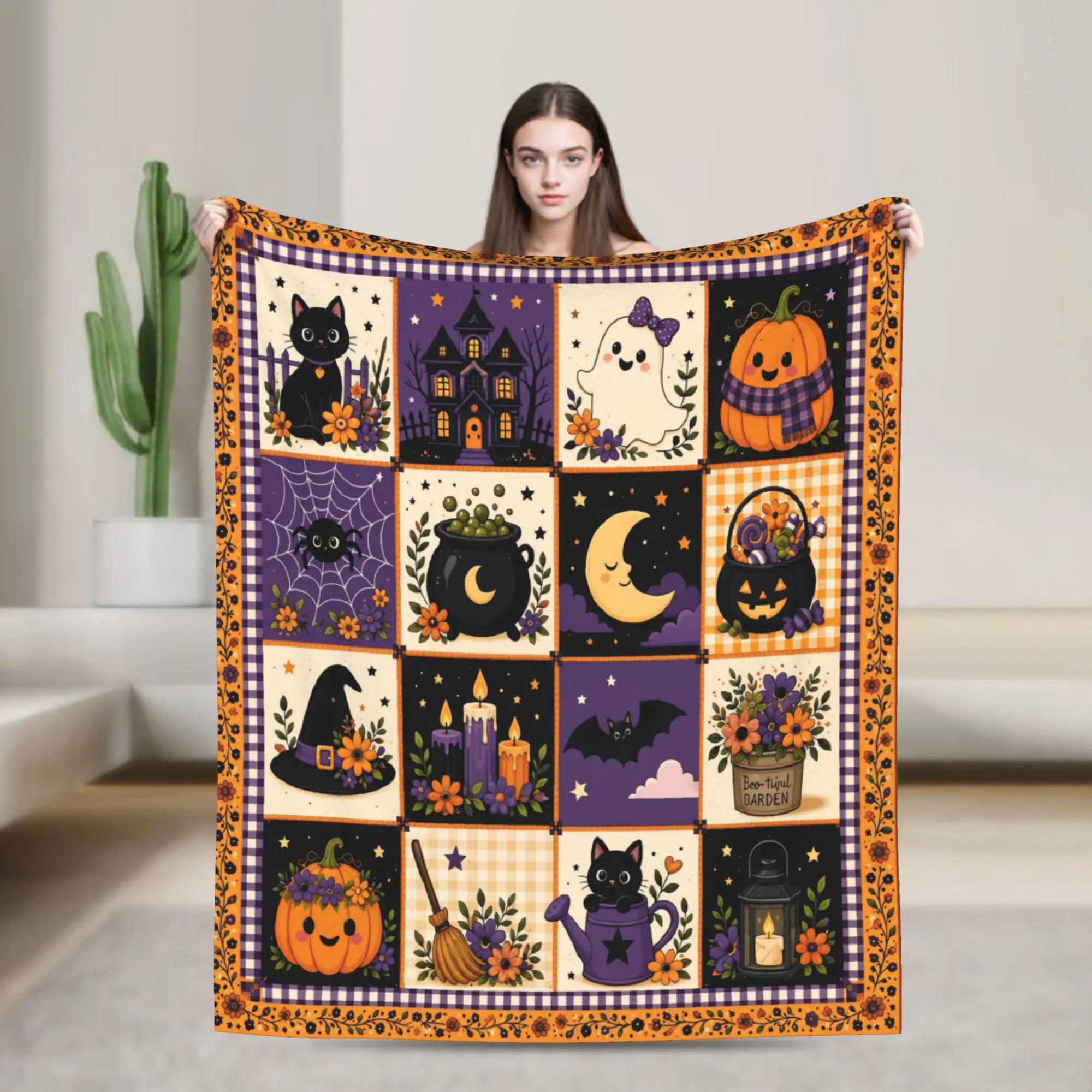 Halloween Black Cats Blanket Cover Witchy Kitty Fuzzy Throw Blanket Bedding Couch Decoration Lightweight Bedspreads