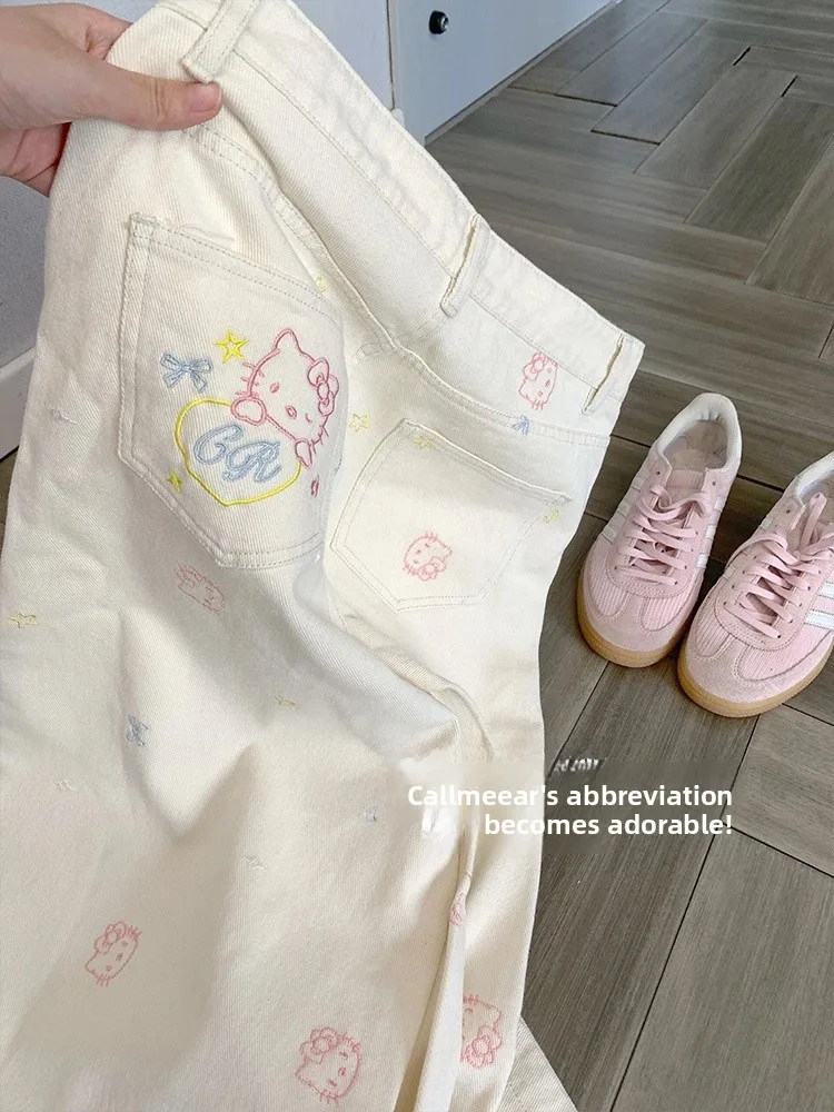 Vaqueros de pierna ancha con bordado de gato estilo retro americano, plones rectos ajustados de cintura alta, estilo casu...