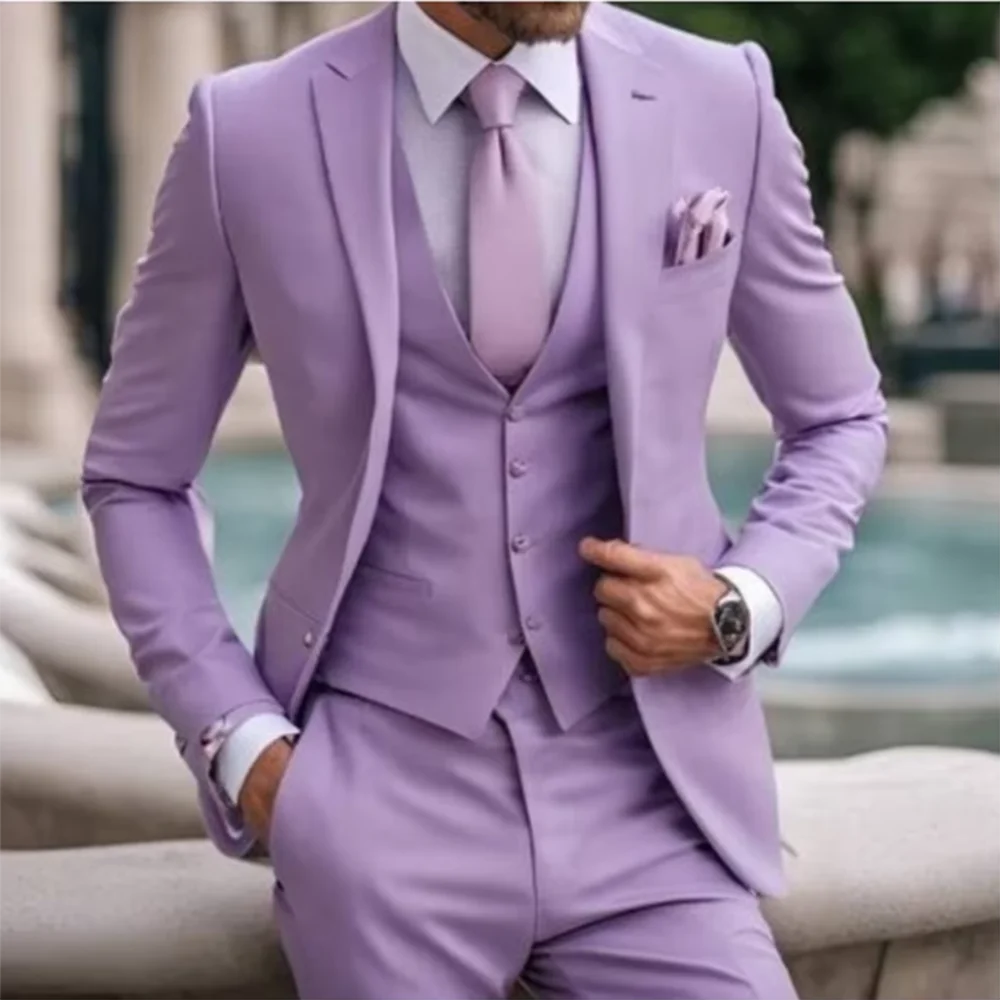 Fashion Light Purple Suit For Men Business Prom Single Breasted Peak Lapel Two-pieces (Jacket+Pants) Trajes Para Hombre Chic