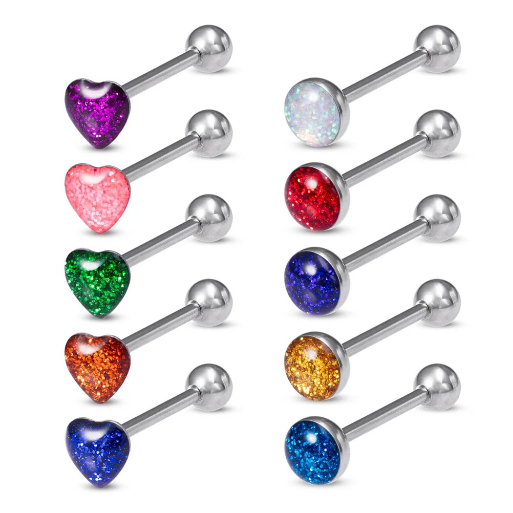 1pc 14G Heart Round Shape Top Tongue Piercing Barbell Sexy Piercings Tongue Rings Stud Bar Women Men Surgical Steel Body Jewelry