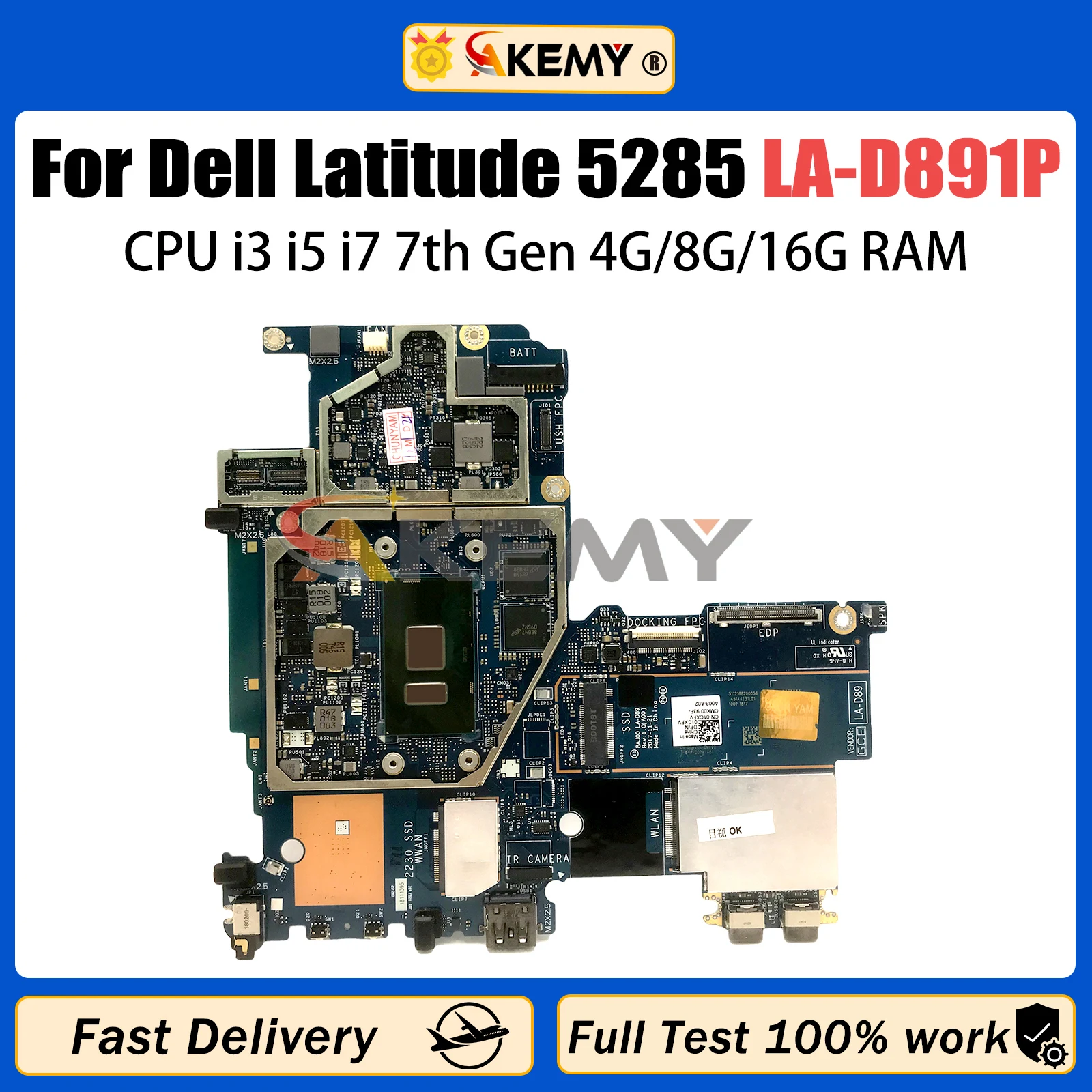 

AKEMY LA-D891P Mainboard For DELL Latitude 5285 BAJ00 1CXFV CN-01CXFV Laptop Motherboard with CPU I3
