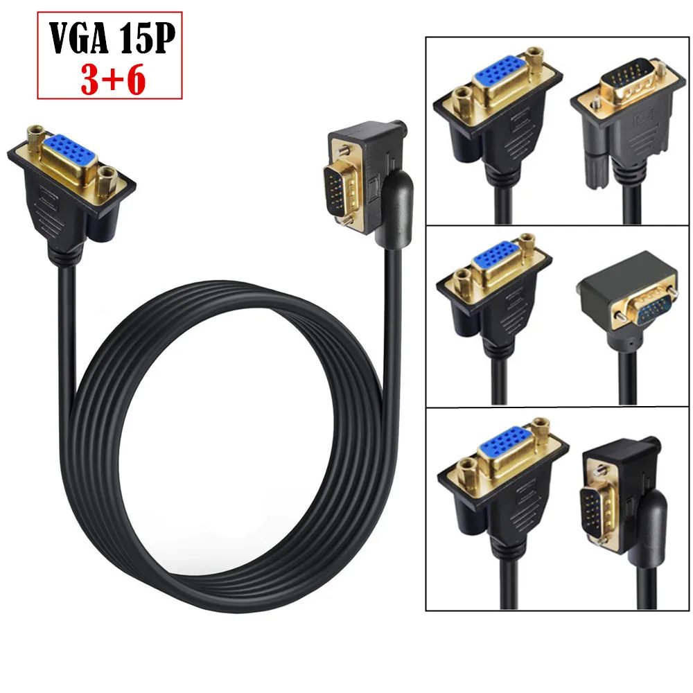 Kątowy 90 stopni kabel VGA 3+6 RGB HD 15Pin Przedłużacz męski do męskiego żeńskiego do monitora komputerowego PC Projektor 50 cm1,5 m 3 m