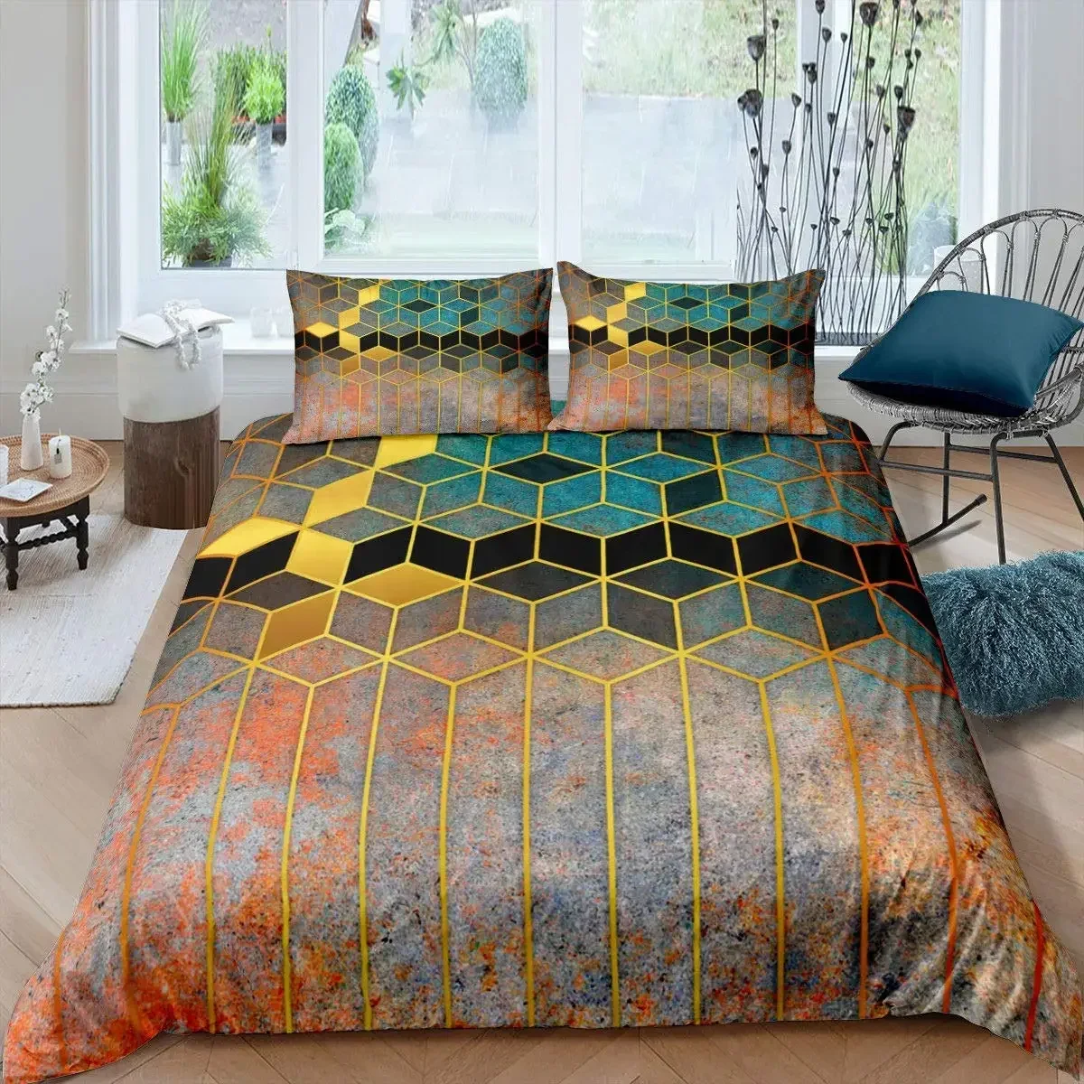 Hexagonal Duvet Cover Set Honeycomb Marble Comforter Cover Set Beehive Hexagon Tie Dye King Size Geometric Diamond Bedding Set