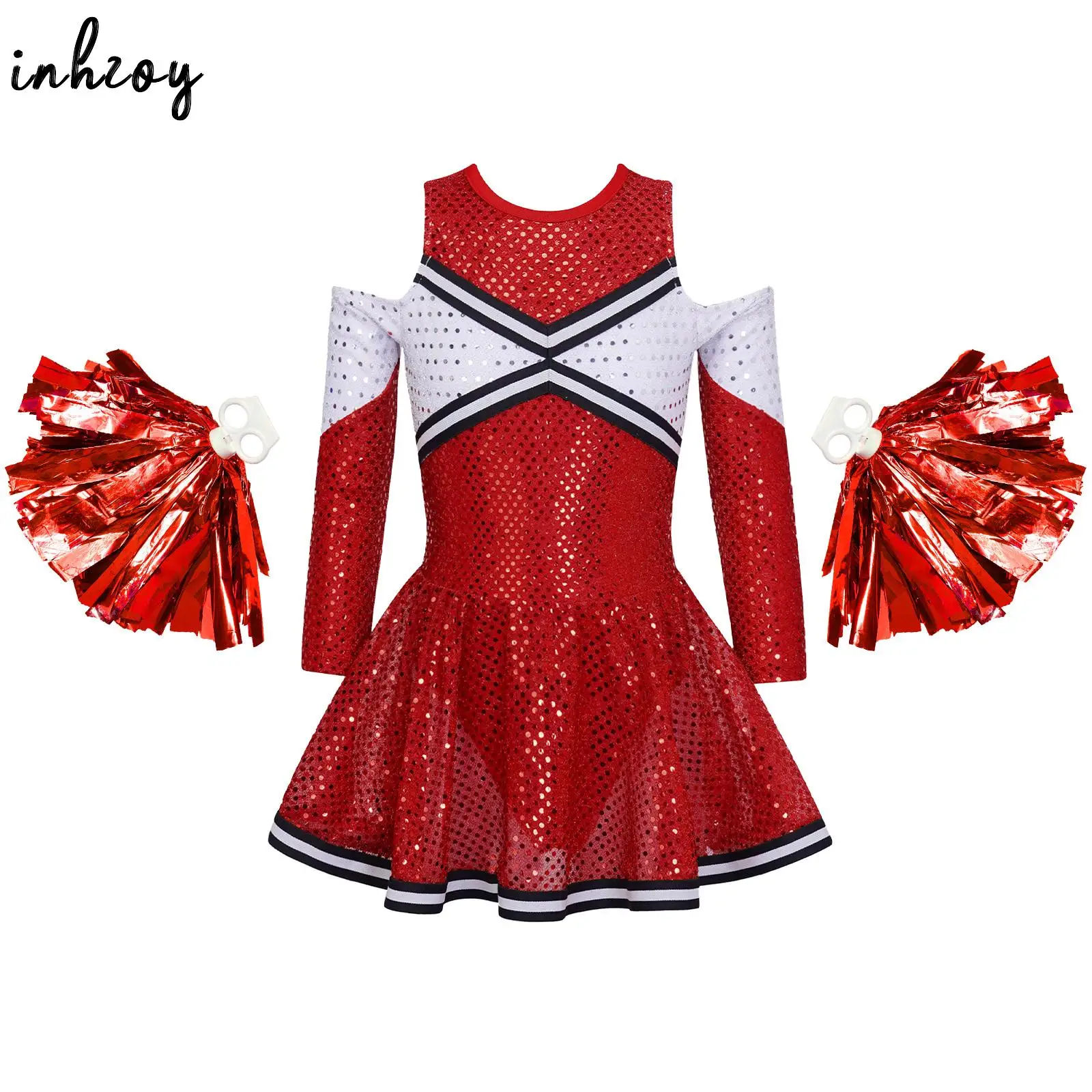 Girls Shiny Sequins Cheerleading Costume Long Sleeve Off Shoulder Dance Dress Latin Jazz Cheer Dancing Stage Performance Outfits