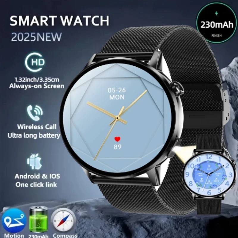 

Smart Watches for Men Women, 1.32" AMOLED Display Smartwatch with 7-Day Battery for iPhone Android phones（Steel strip）