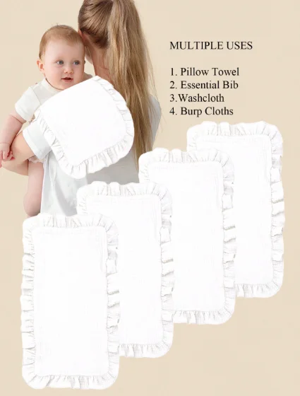 4Pcs/Set Cute solid color Soft Muslin Cotton Gauze Shoulder Rag Baby Burping Pad Ruffle Newborn Baby white Burp Cloths