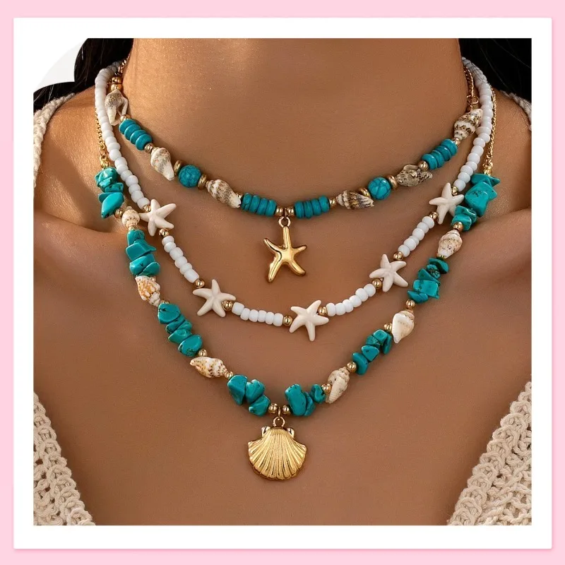

Многослойное ожерелье с бирюзовыми морскими звездами и ракушками, в стиле бохо, для отдыха на пляже, украшение в морском стиле