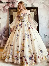 Vestido de novia con apliques florales de colores, traje de encaje con tirantes finos, corte en A, escote Corazón, manga desmontable