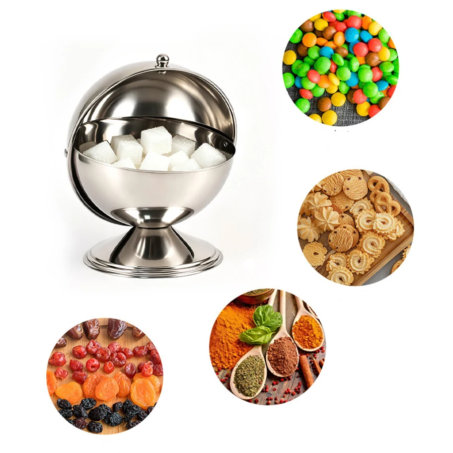Modern Stainless Steel Jar with Flip Lid, Sphere Storage Container for Kitchen Office Home Decor, Holiday Desktop Organizer view 2