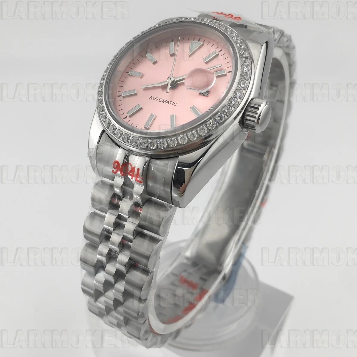 NH05 31mm 高級レディース機械式自動巻き時計、ダイヤモンドベゼル装飾、ピンク夜光文字盤、サファイアガラス、防水性