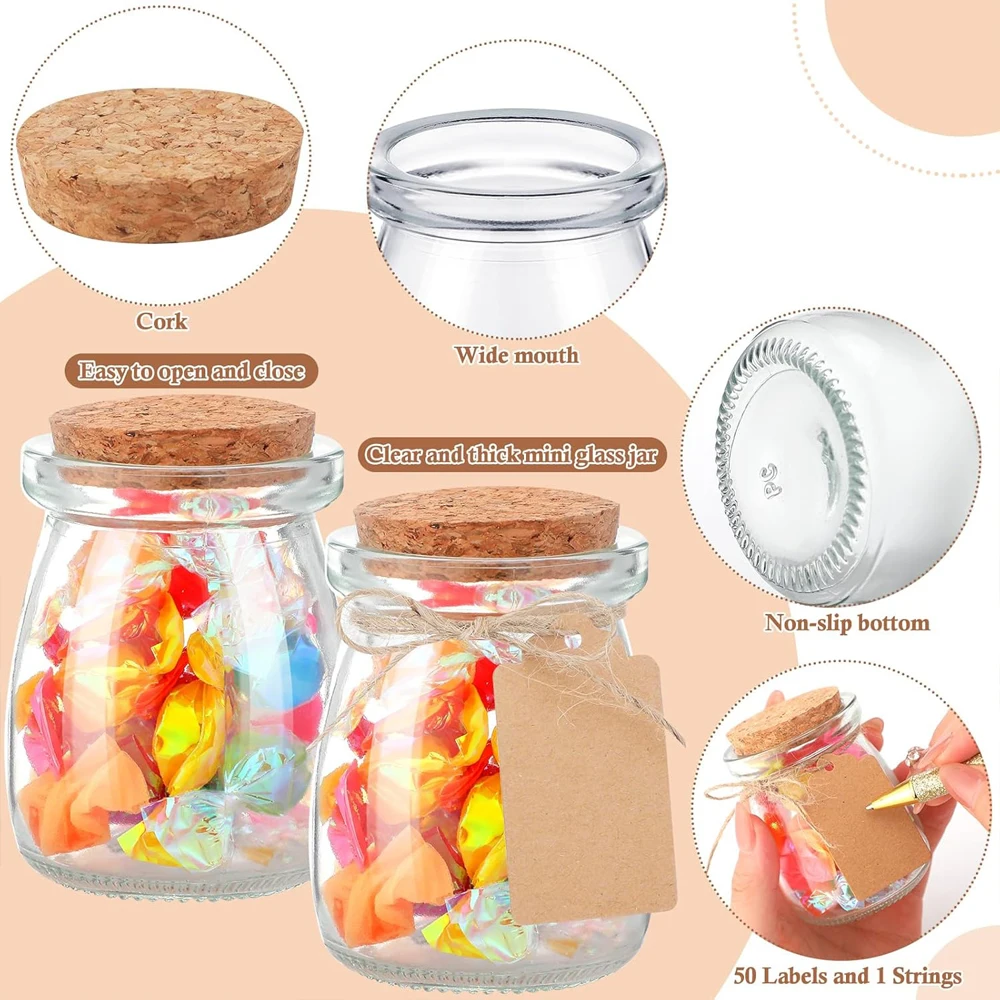 برطمانات زجاجية مع غطاء من الفلين 3.4 أونصة زجاجات زجاجية صغيرة مع ملصقات حاويات حلوى خيوط لحفلات الزفاف والبودنغ