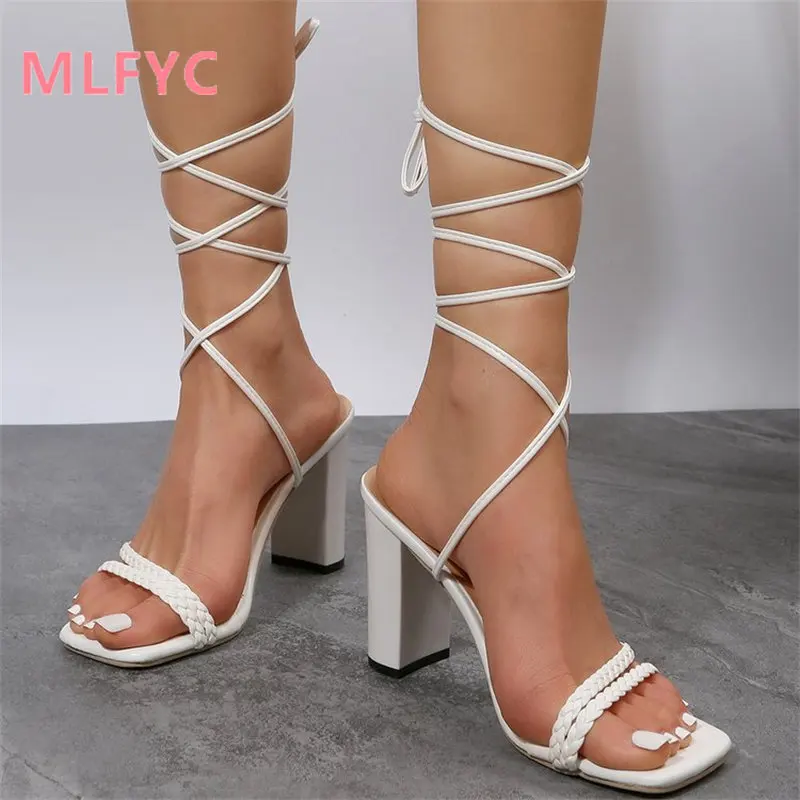 

Lace-up 2023 summer new high-heeled sandals Women's square head strapping thick heeled sandals