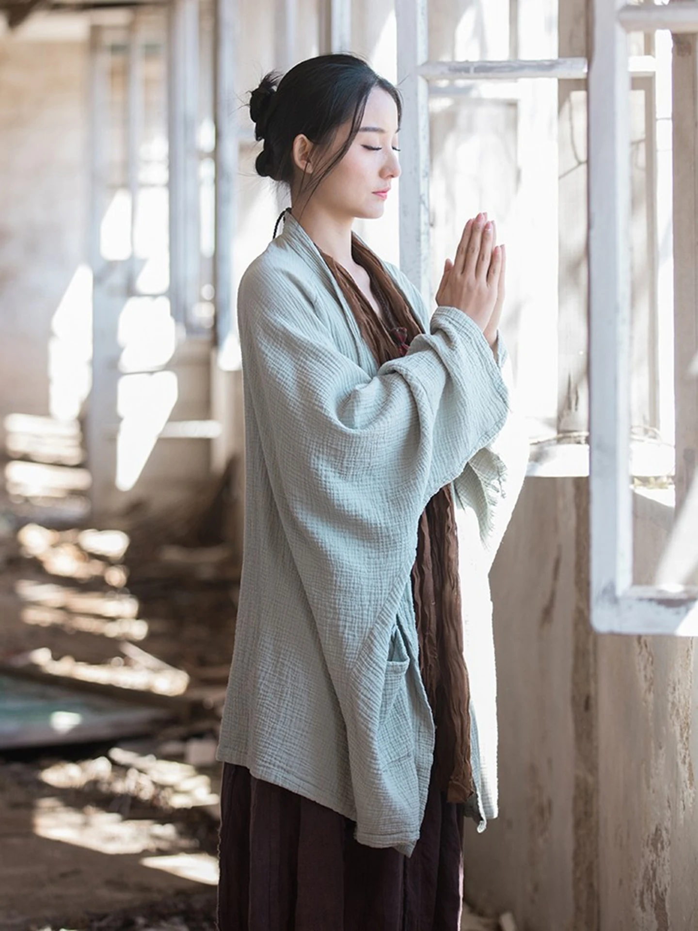Women's Sun Protection Cardigan 2026 New Mid-Length Double Layer Cotton Textured Wide Artistic Zen Study Outerwear