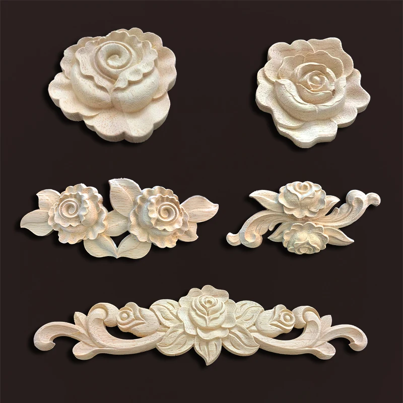 Wood carving onlays rose appliques Decals for wood furniture Antique home decor Wood furniture decoration Wood flower crafting