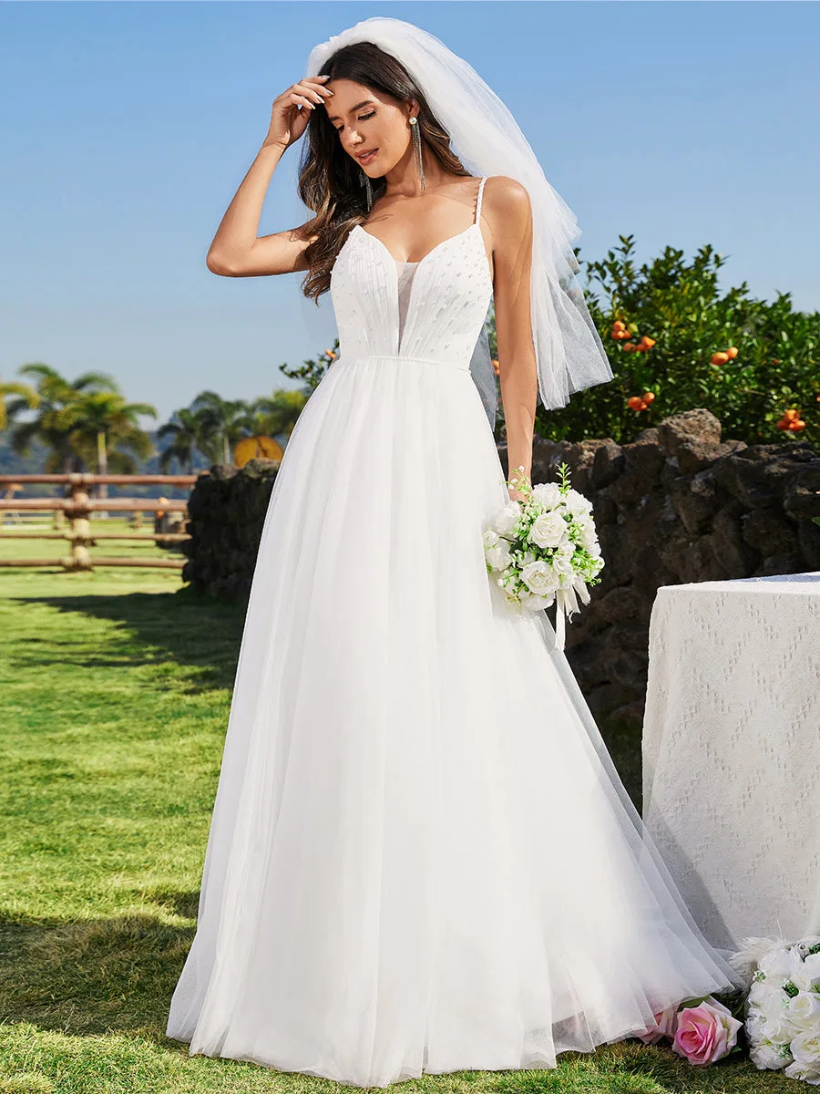 Elegant Wedding Dresses Spaghetti Straps Sleeveless Tulle Pearl Beaded 2024 Ever Pretty of White Prom Women Formal Dress