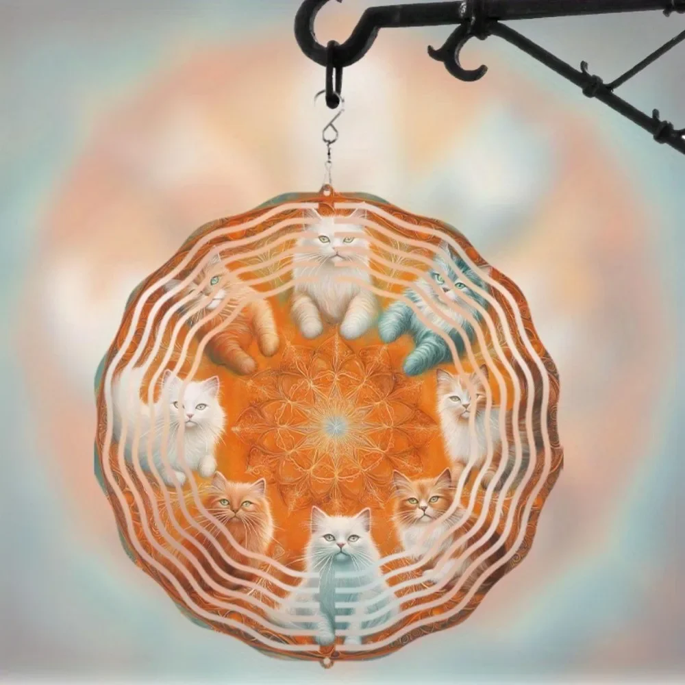 CIFBUY Metall-Katzen-Windspiel, rotierende Gartendekoration, künstlerisches Outdoor-Ornament in Orange-Weiß, perfektes Geschenk für Katzenliebhaber das ganze Jahr über.