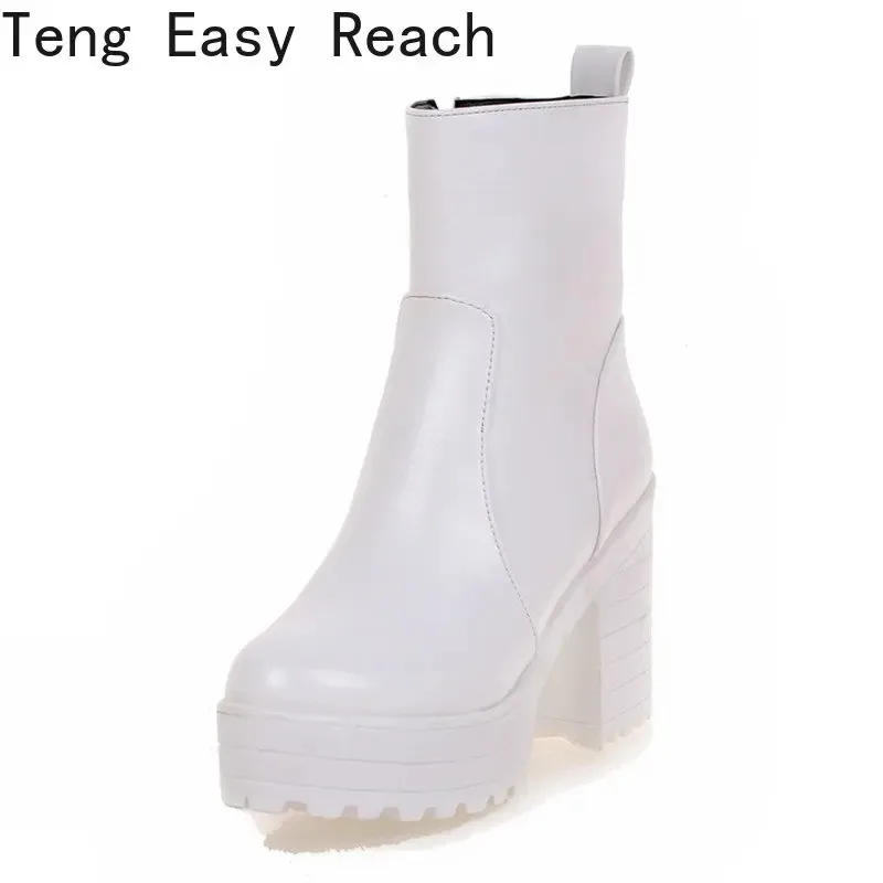 2025 Women Ankle Boots Square High Heel Lace Up Round Head Women Platform Black White Ladies Motorcycle Boots Size 34-43