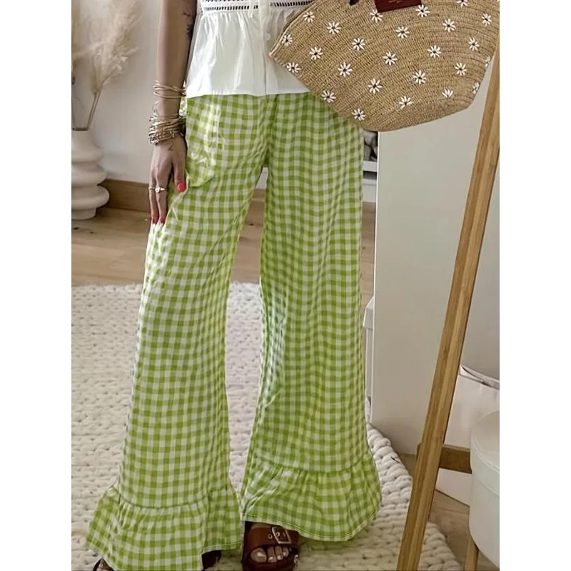 حجم كبير موضة منقوشة متوهج السراويل النساء عالية الخصر السراويل الصيف مستقيم الساق عطلة السراويل